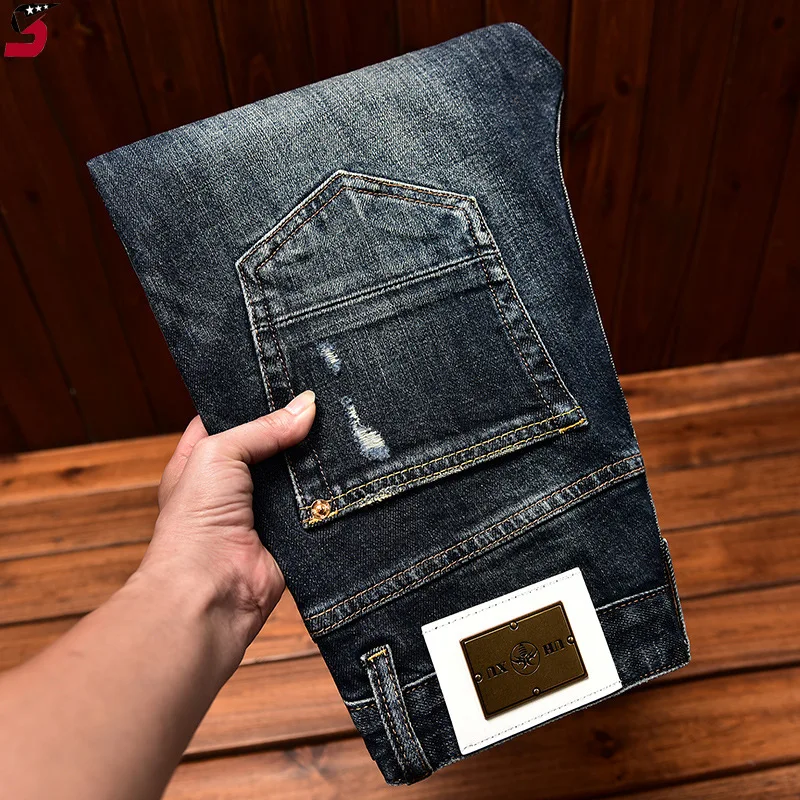 High-End Men's Clothing 2024 Autumn Trendy Jeans Men's Hole & Patch Scrape Slim Fit Skinny Fashion Stretch Trousers 4