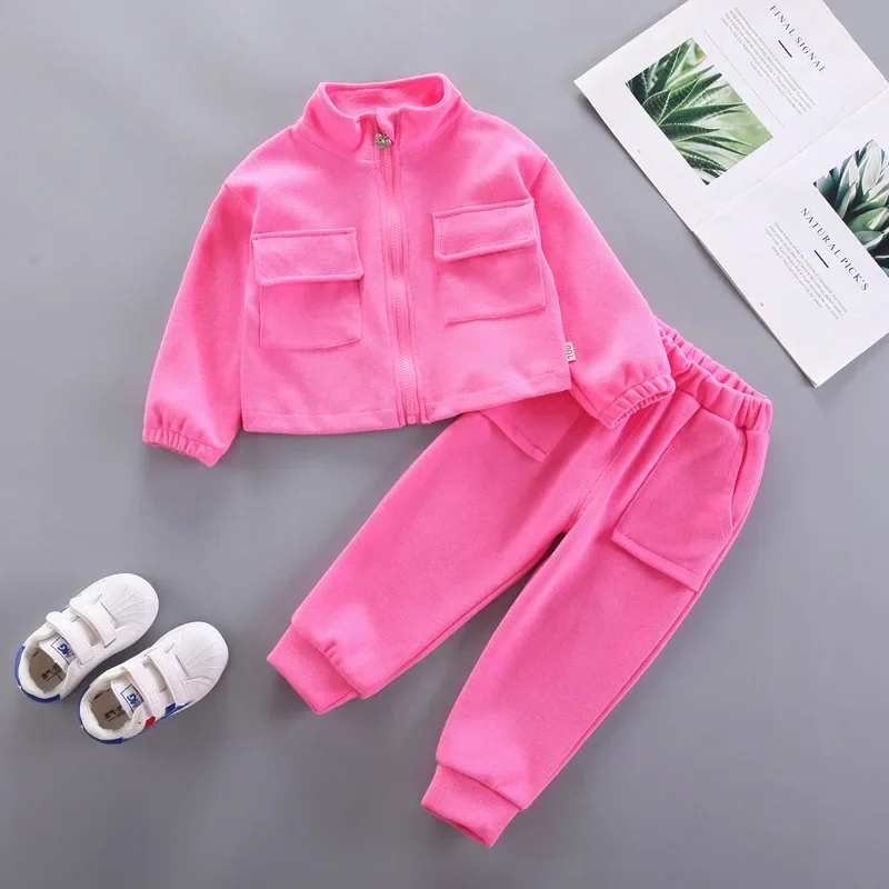 

Girls Sportswear Suits Spring Autumn Pink Clothing Sets Kids Fashion Zip Pocket Jacket +Pants 2Pcs Outfits Baby Tracksuit 1-8T