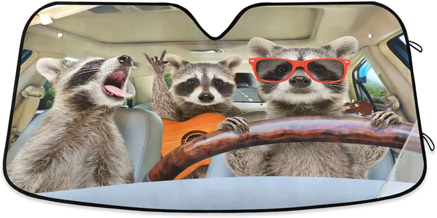 

Car Windshield Sun Shade Sun Visor Protector Folding Auto Sunshade Blocks UV Rays for Car Truck SUV 55x28in (Three Funny Raccoon
