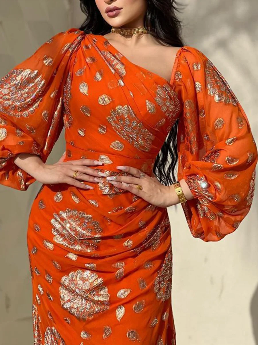 Gold Floral Chiffon Evening Dress - Turkish Dubai Style Prom Gown With Puff Sleeves