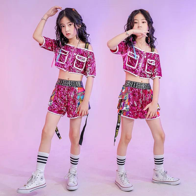 Girl Dance Costume Children Costumes Costumes For Kids Jazz Ballroom Dancing Clothes Wear Hip Hop Clothes For Girls Sequins Rose Shirt Tops Short Pants Carnaval