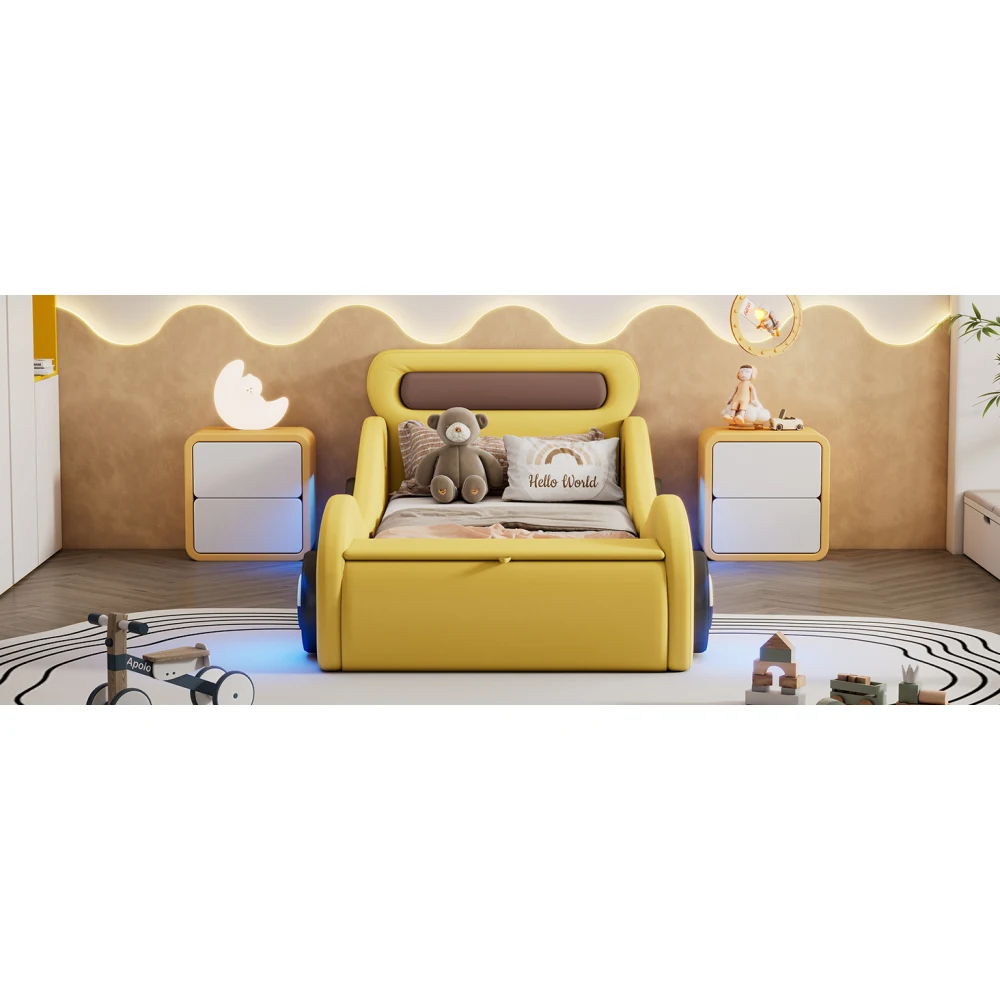 Gelbes PU-Leder-Autobett für Kinder, gepolstert, 90 x 200 cm, mit leuchtenden Rädern, Kinderbett für Jungen und Mädchen, Schlafzimmermöbel – Detail 19