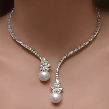 Fashion Exquisite Flower Big Pearl Write Zircon Chain For Women Party Birthday Custom Jewelry