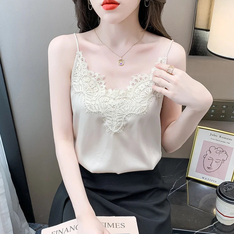 여름 한국 패션 실크 여성 Camis streetwear 새틴 섹시한 탑 레이스 민소매 흰색 여성 탱크 탑 블라우스 OL 여성 의류