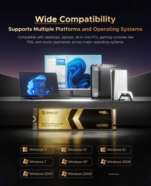ORICO OG7000 1 تيرابايت 2 تيرابايت PCIe Gen4 NVMe SSD، ما يصل إلى 7400 ميجابايت/ثانية، حل حراري من الجرافين، مثالي لتحرير الفيديو 4K ثلاثي الأبعاد لجهاز PS5