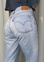 Fashion Rhinestone Sequin Jeans Y2K Pants Womens Gothic Hip Hop Pocket Embroidery Retro Blue Jeans High Waist Wide Leg Trousers 2