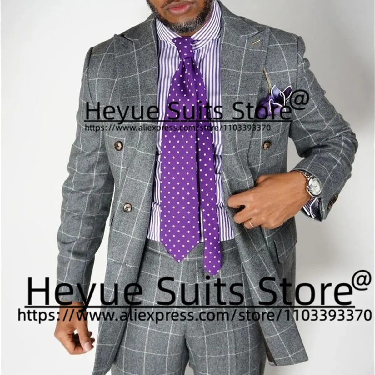 Business Gray Plaid Wedding Suits For Men Double-breasted Slim Peak Lapel Groom Formal Tuxedos Custome 2 Pcs Sets Costume Homme
