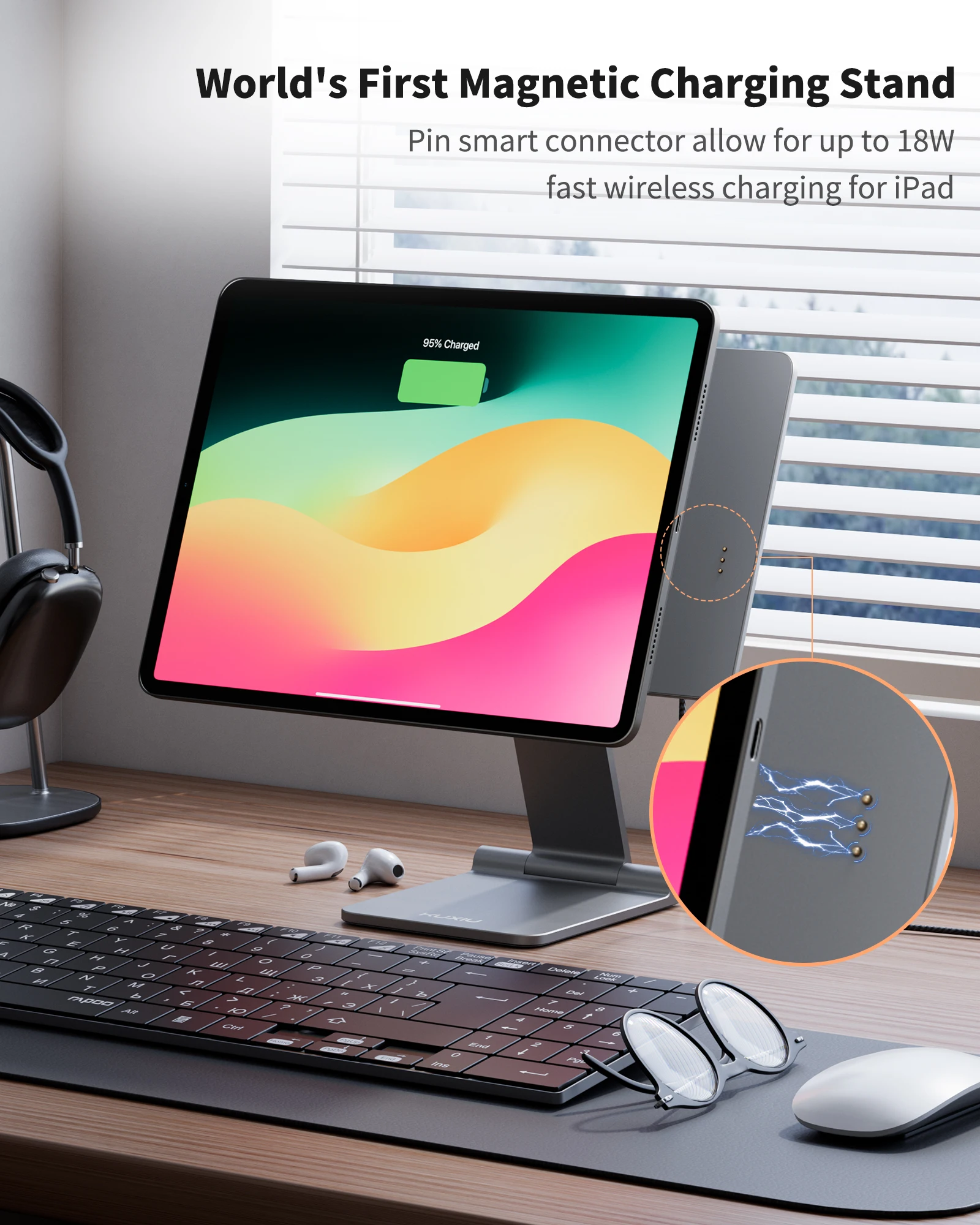 KUXIU Foldable Magnetic Charging Stand For iPad Air 11/13 M2(2024),iPad Pro 11 inch 1st/2nd/3rd,12.9inch 3rd/4th/5th,Desk Stand 2