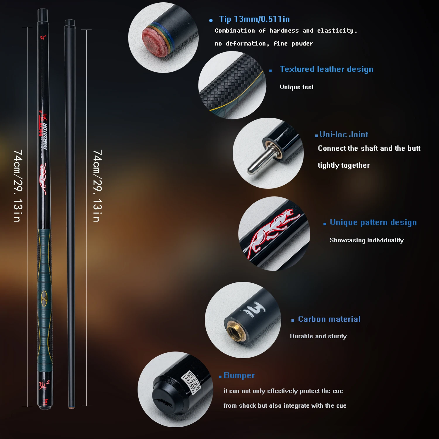 13mm Pool Cue Professional Carbon Billiard Cue Slip Resistant Grip Quick Connect Joint Ideal for Nine Ball and Carom Tournaments