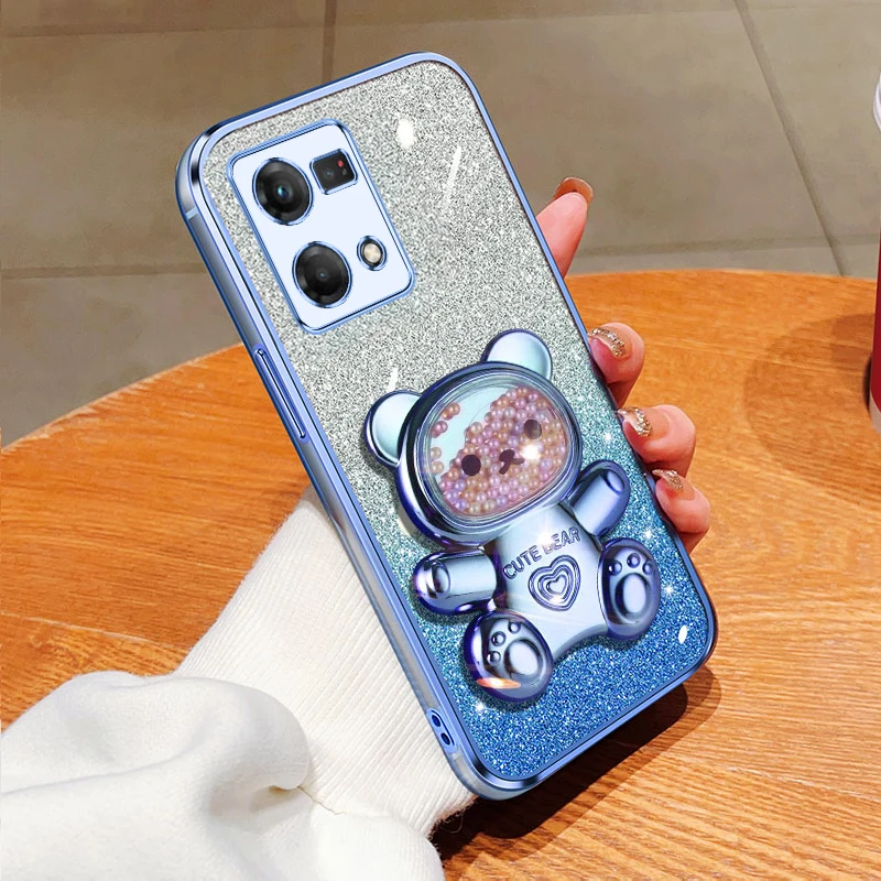 Coque de téléphone à paillettes Quicksand Bear pour Oppo 8T 4G 5G Reno 8 9 7 Pro Plus, support Reno9 Reno7 Reno8_voghion.com