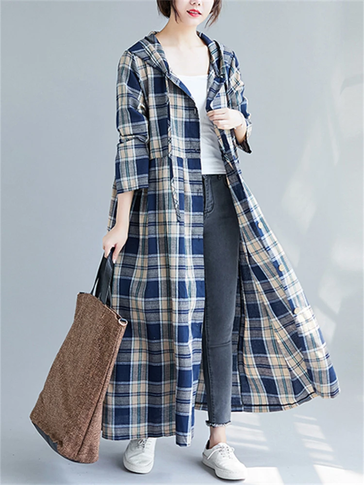 2025 New Arrival Autumn Winter Women Casual Loose Hooded Trench Coat Long Sleeve Single Breasted Plaid Cotton Office Lady Dress