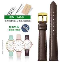 Elegant Quick - Release Fashion Watch Strap in Soft Cowhide Leather - Blue, Pink, Red - 16mm (Brown Golden)