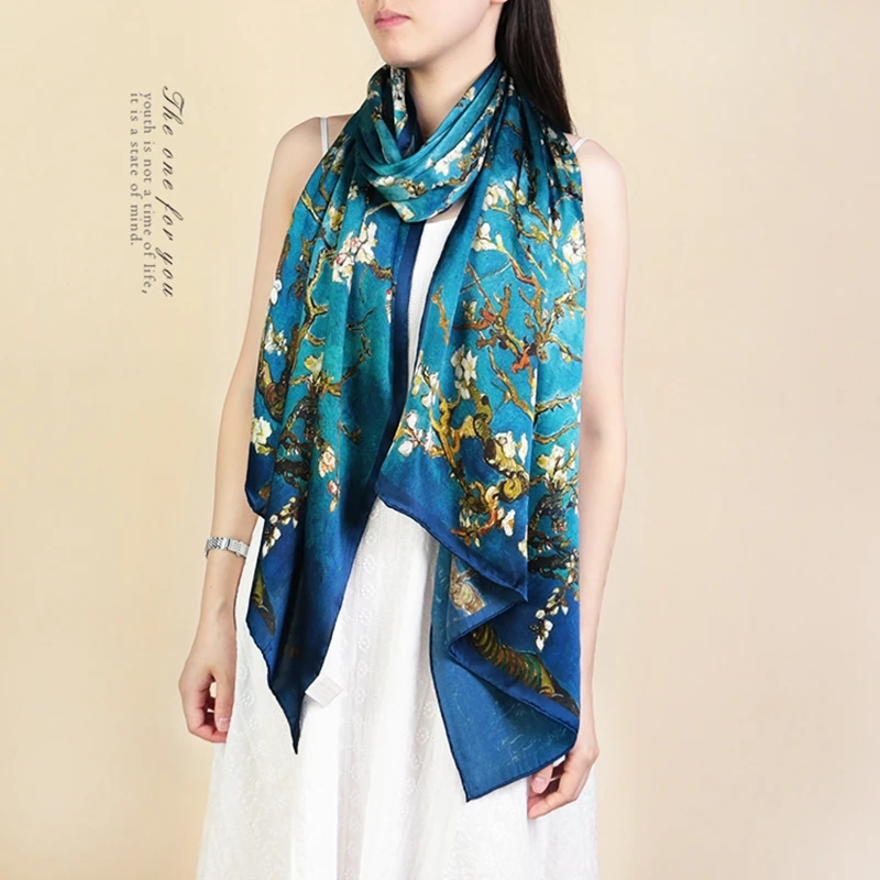Van Gogh Oil Painting Silk Scarf Women Luxury Brand Apricot Floral Print Hijab Bandana Foulard Femme Shawl Soft Bufanda Mujer 3