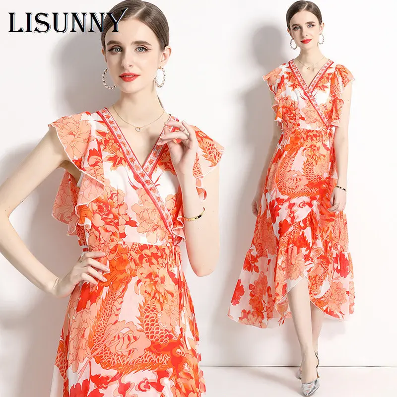 

2023 Spring Summer Short Sleeve Retro Women Dress Fashion V-neck One Piece Strap Lace Dresses Female Casual Beach Dress Printed