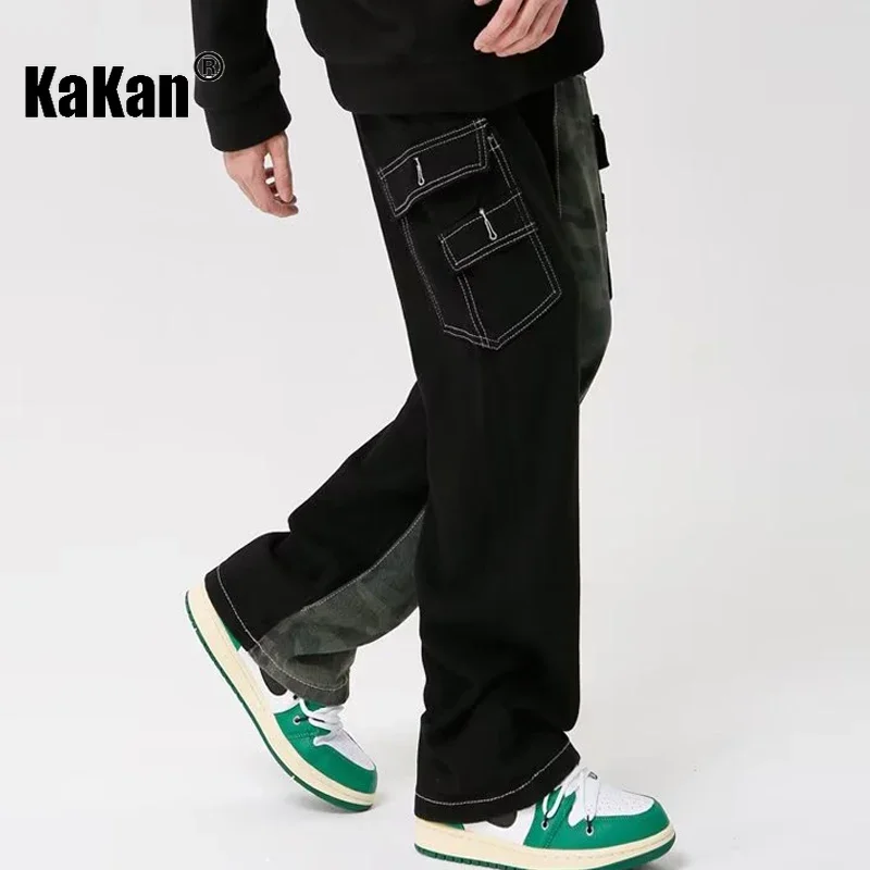 Kakan - European and American New Vintage Multi Pocket Jeans for Men, Camo Panel Large Pocket Straight Length Jeans K27