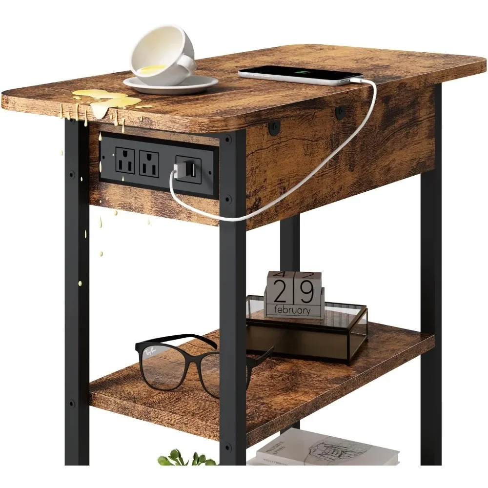 End Table with Charging Station, Flip Top Side Table with USB Ports and Outlets, Nightstand for Small Spaces, Bedside Tables wi