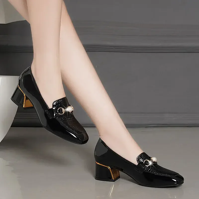 Women Pearl Pumps Luxury Black Patent Leather High Heels Fashion Square Toe Block Heel Thin Shoes Office Lady Slip-on Work Shoes,women pumps shoes