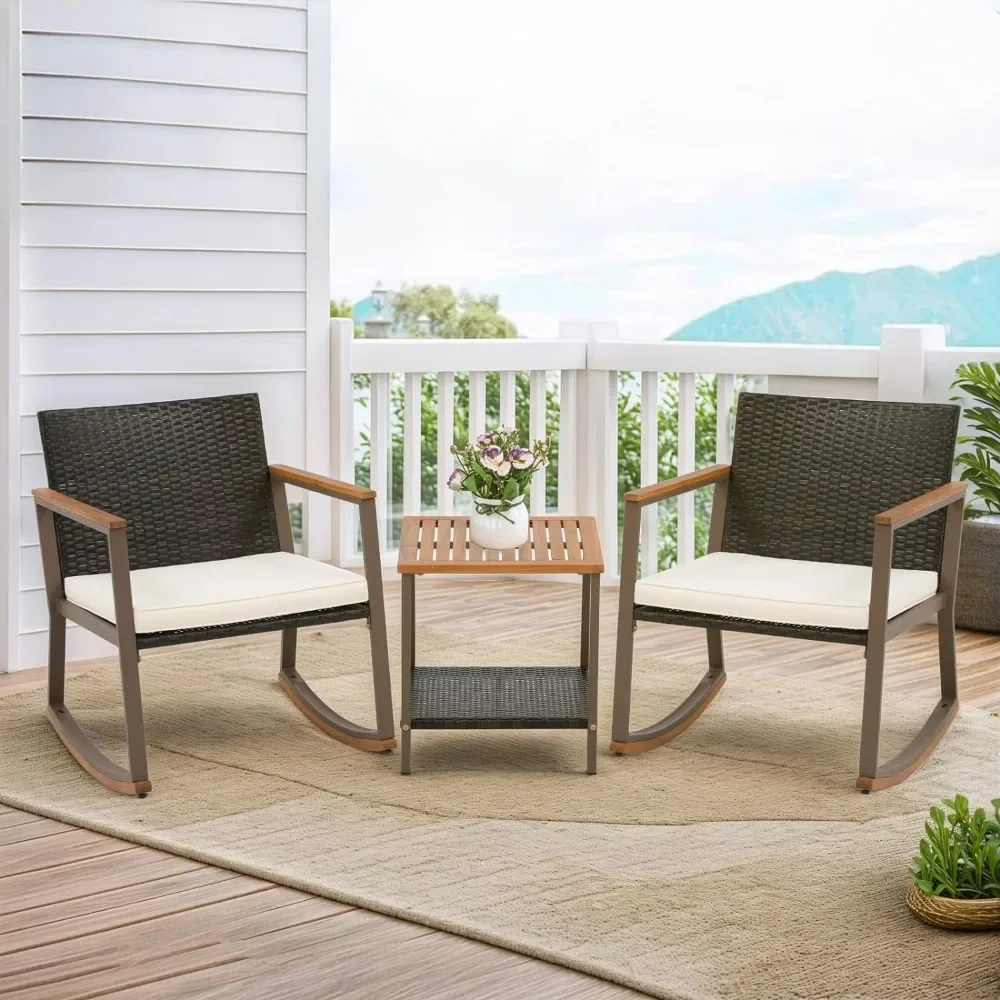 3 Pieces Rocking Bistro Set,Patio Rattan Furniture Conversation Chairs with Coffee Table & Cushions for Balcony Porch ,Off White