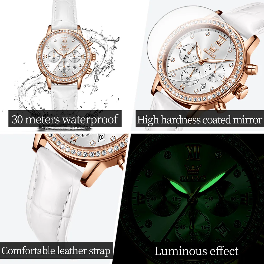 OLEVS 9933 Luxury Quartz Watch For Women Chronograph Calendar Retro Wristwatch Waterproof Luminous Diamond Women's Watches