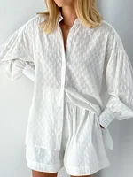 Casual Loose Women Short Two Piece Set Suit Fashion Blouse Long Sleeve Shirt Lady Simple Style Shorts Streetwear Blouse Tops - Image 2