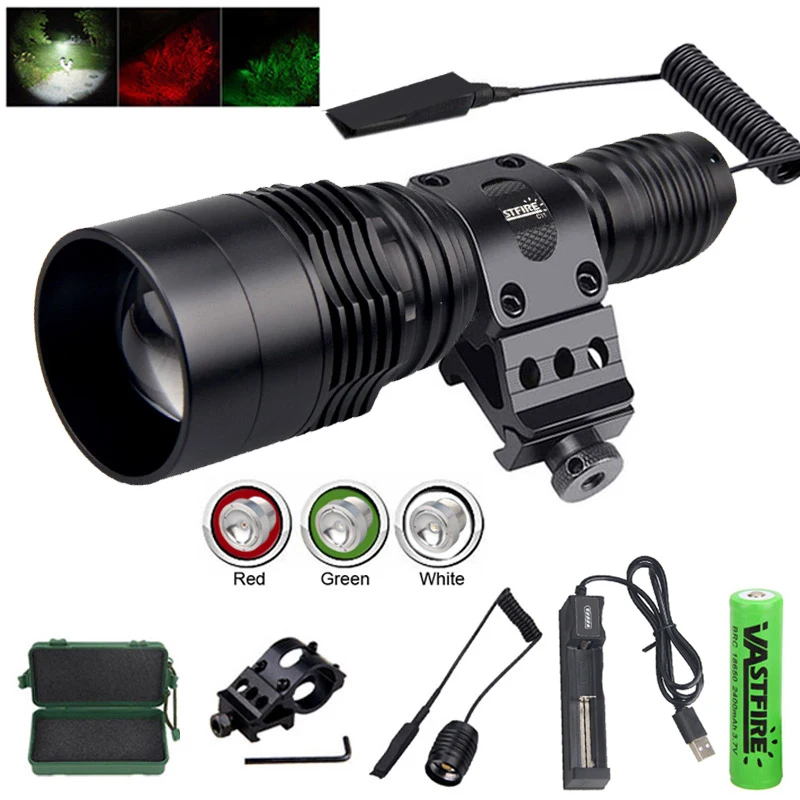 Description Picture 3 of itemTactical Red+Green+White Flashlight XPE LED Torch Powerful Night Hunting Light with Rifle Scope Mount Power by 18650 Battery