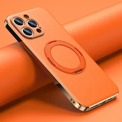Luxurious Genuine Leather Magnetic Phone Case with Lens Protection - iPhone 16 (Orange)