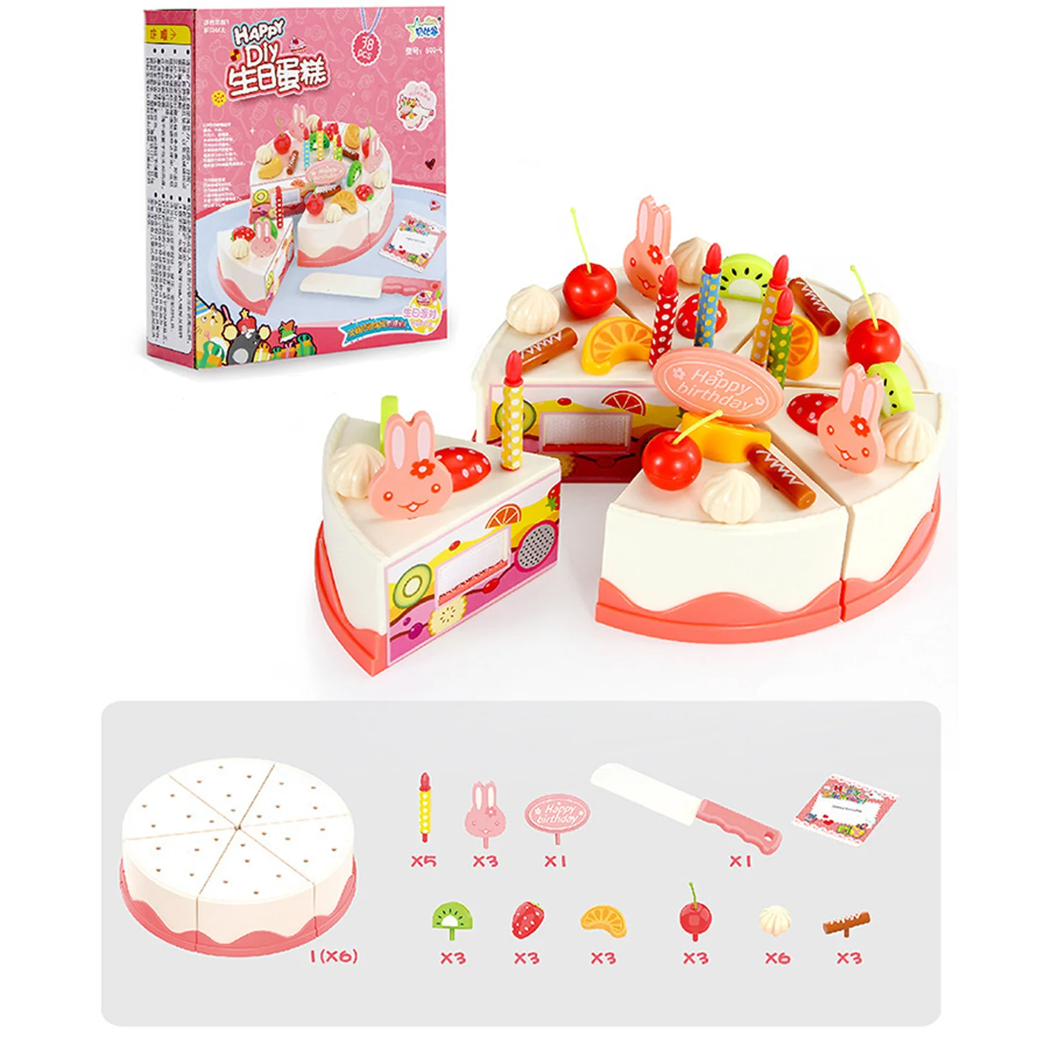 

38pcs birthday cake, children's playhouse toys, afternoon tea, desserts, cut and diced fruit models