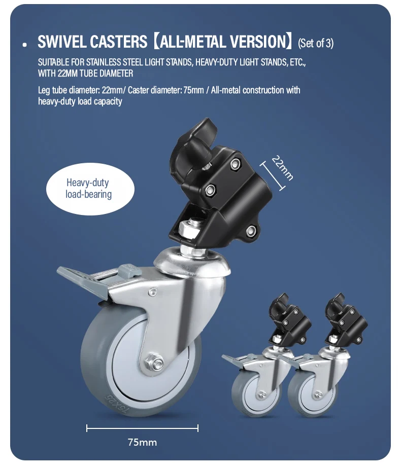 3Pcs C-Stand Swivel Caster Wheel Set 25MM Diameter All Metal For Light Stand Tri