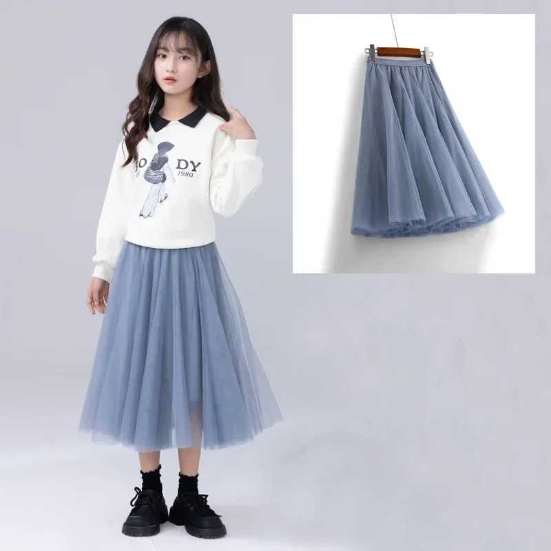 Girls Mesh Skirt Summer Solid All-match Classic Elegant Dance Tutu School Kids Fluffy Skirt 4 To 14 Years Spring Child Clothing
