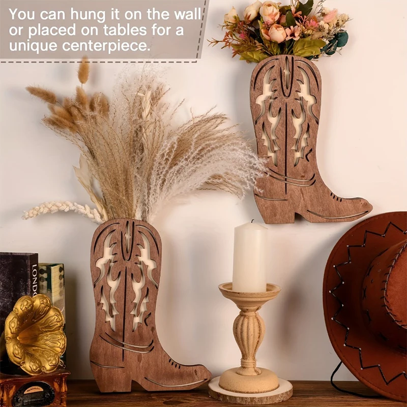 Wooden Cowgirl Cowboy Boot Vase Cowboy Boots Wall Planter Dried Flower Plant Shelf Wall Hanging Indoor Vase Hanging Art Ornament 2