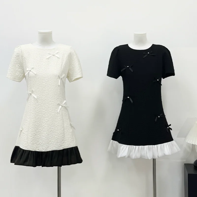 

French Round Neck Bubble Sleeve Bow Dress Women White Black Sweet Summer Color Matching Ruffled A Line Chic Female Short Dress