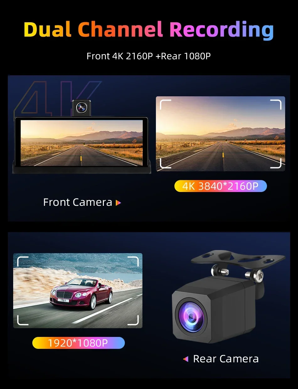 Srnubi 10,26 Zoll 4K Auto DVR Carplay Android Auto 360 ° Rotation Dual Lens Dashcam LKW Kamera Fahrrekorder WIFI FM BT – Detail 6