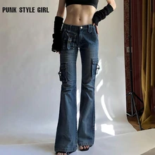 

Grunge Vintage Flare Jeans Women Y2k Low Waist Slim Casual Harajuku Denim Trousers With Pockets 90s 2000s Fairycore Cyber Pants