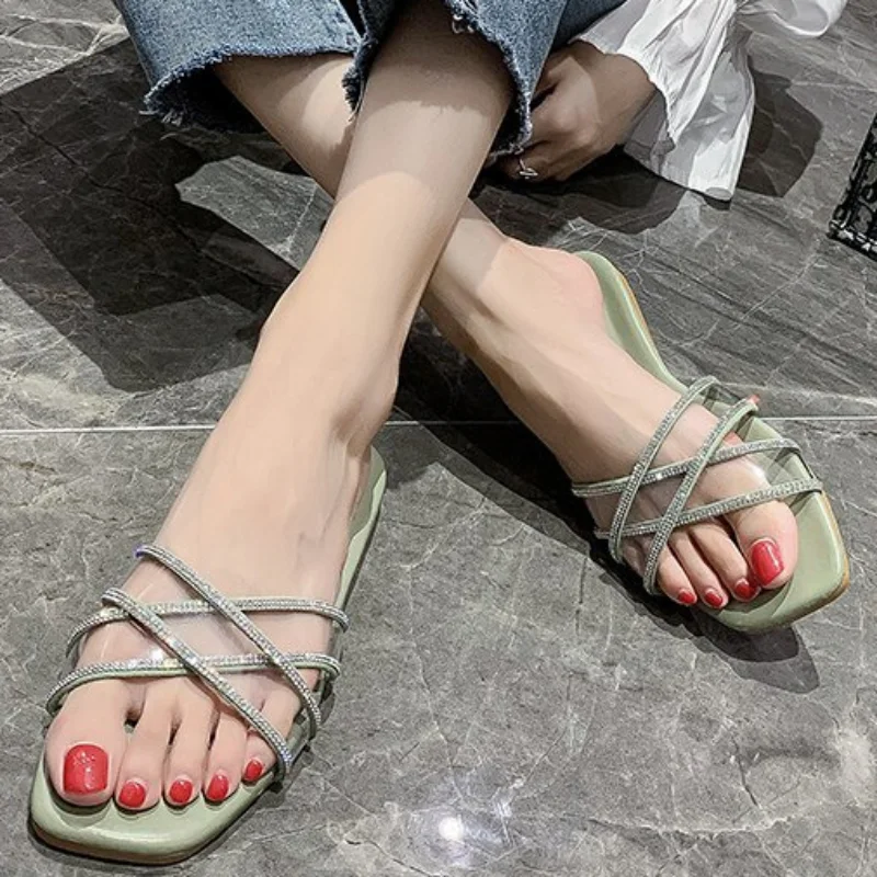 

2023 New Shoes for Women Square Toe Women's Slippers Summer Outdoor Walking Shoes Solid Color Shoe Ladies Flat Slipper Zapatos