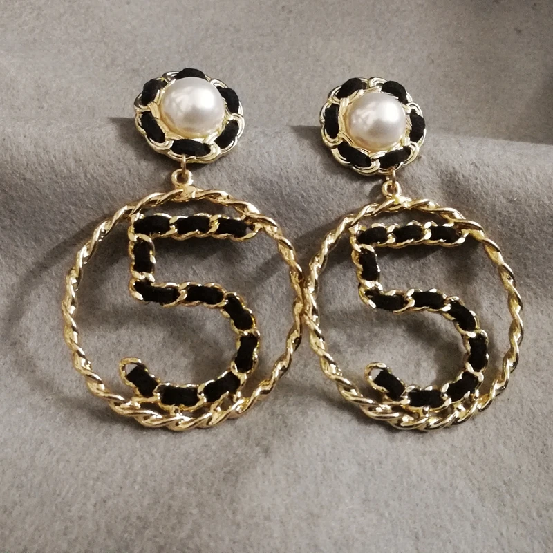 Vintage Jumbo CHANEL Logo Pearl Leather Chain Hoop Earrings 