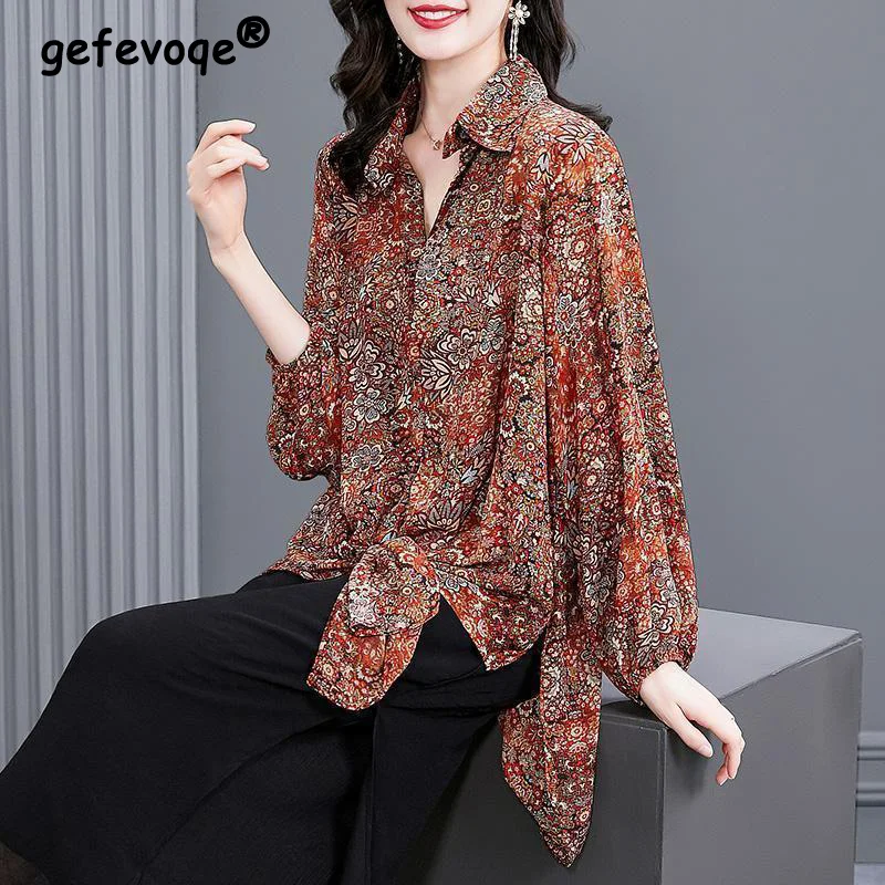 

Spring Autumn Floral Printing Shirt Ladies Loose Casual Fashion All-match Vintage Blouse Female Buttons All-match Cardigan Top