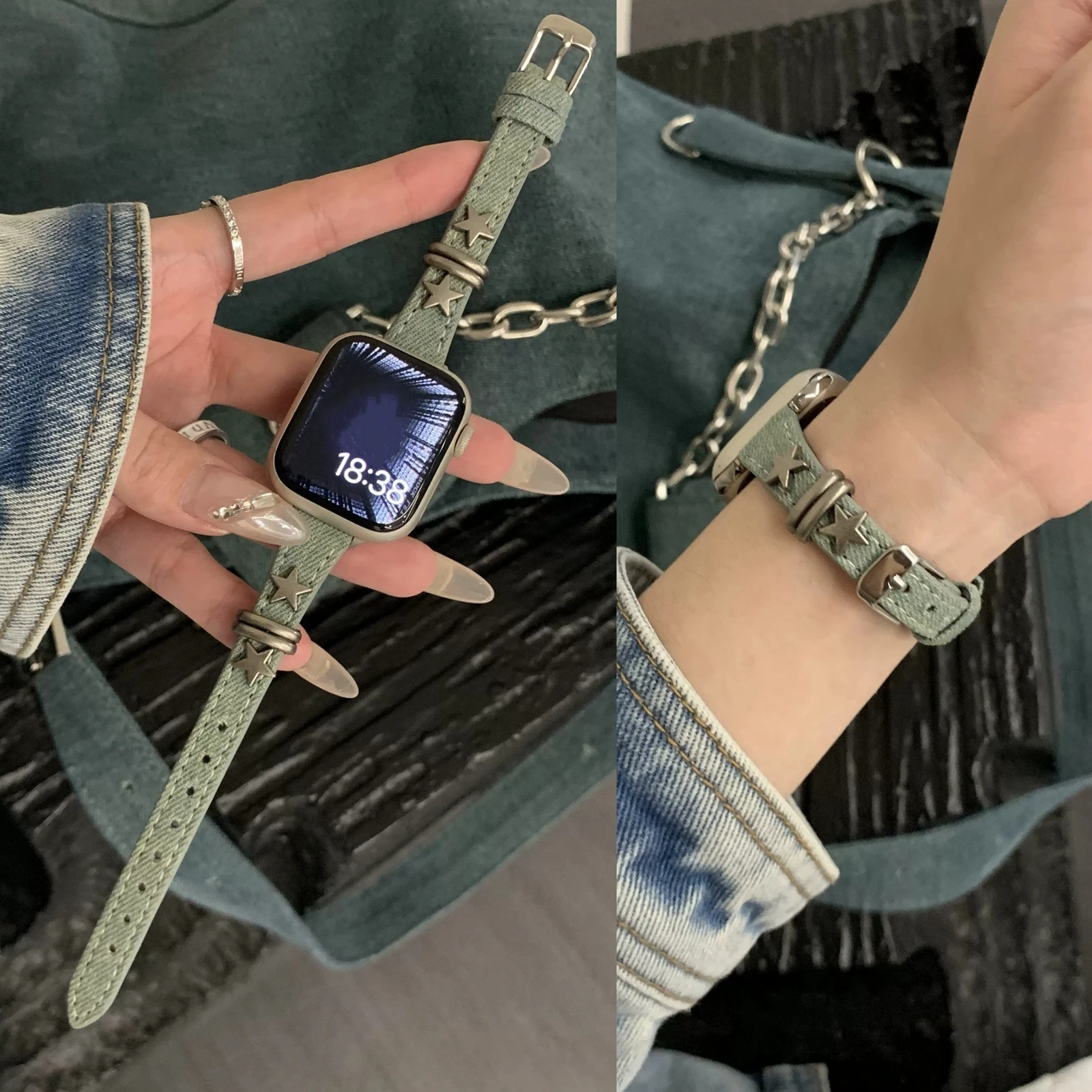 ตัวเลือกสินค้า สายนาฬิกาผ้า denim วินเทจ สำหรับ Apple Watch ผู้หญิง