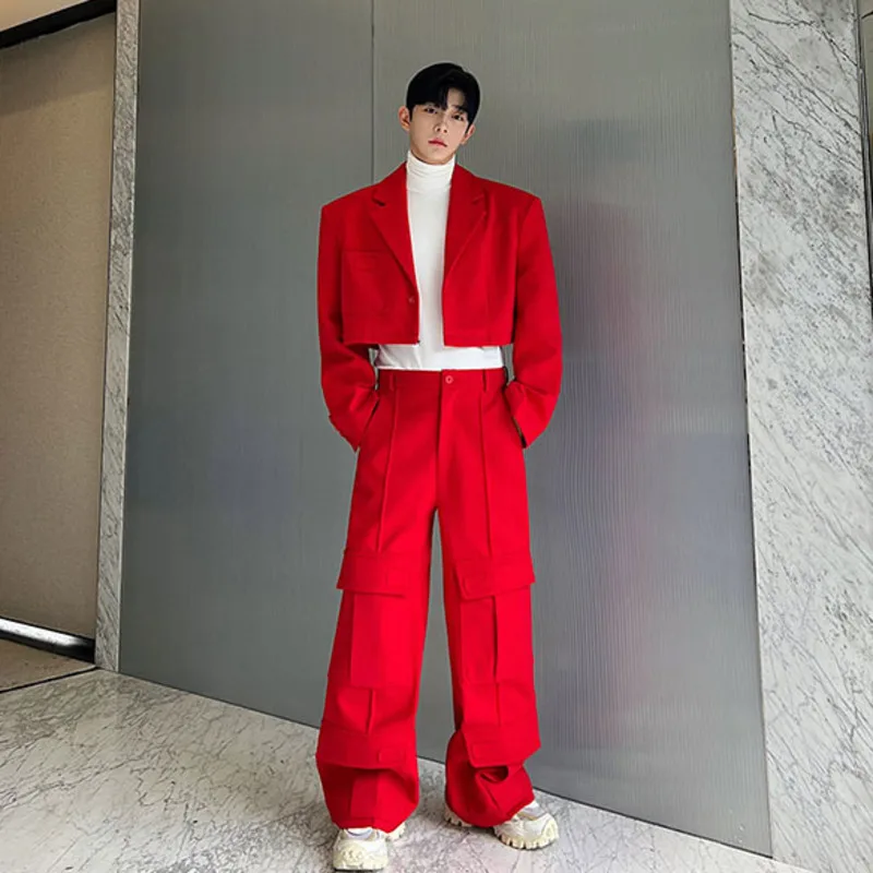 NOYMEI Korean Style Men\'s Two Pieces Cargo Suit Set Large Pocket Removable Heavy Fabric Wide Leg Pants Detachable Blazer WA3174