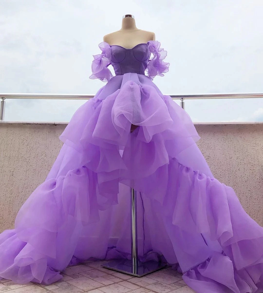 

Purple Haute Couture Prom Dresses Ball Gown Sweetheart Tulle High Low Saudi Arabia Dubai Robe De Soiree Evening Dress Gown