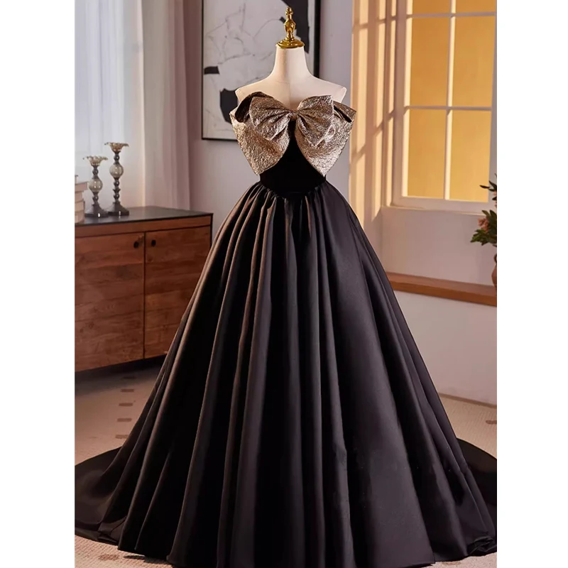

Bespok Occasion Evening Dress Black Satin Bow Strapless Lace up Princess Trailing Floor-length Plus size Women Party Formal Gown