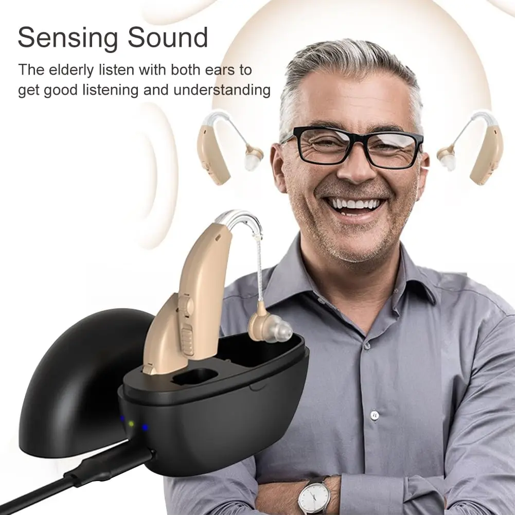 Hearing aid, rechargeable for seniors, noise reduction, 5-level volume adjustment, clear sound, with charging case 4