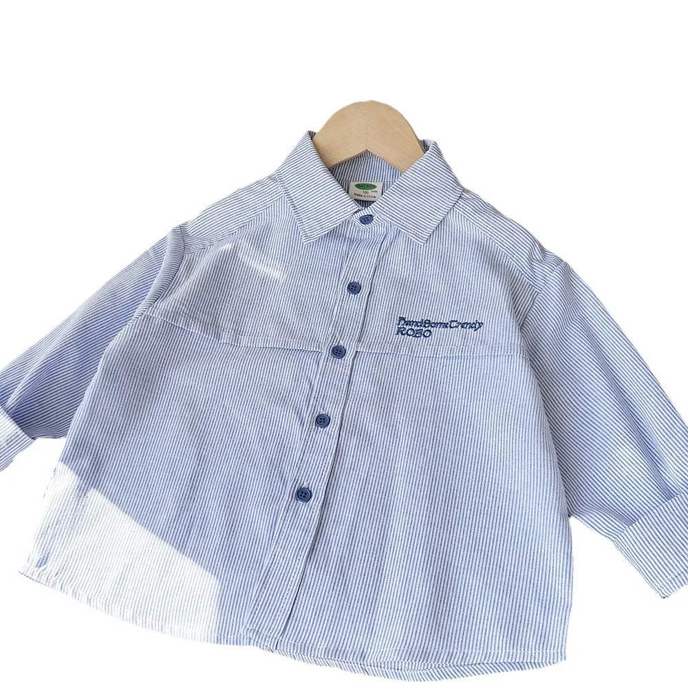 Spring Autumn Girls Boys Casual Stripe Embroidery Long Sleeve Blouse Two Colors