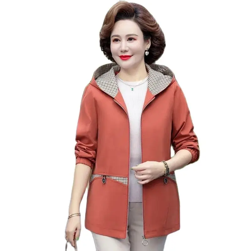 

Women Spring Jacket 2023 New Zipper Hooded Windbreaker Famale Outwear Loose Coat Khaki Middle-aged Elderly Mother Clothes XL-5XL