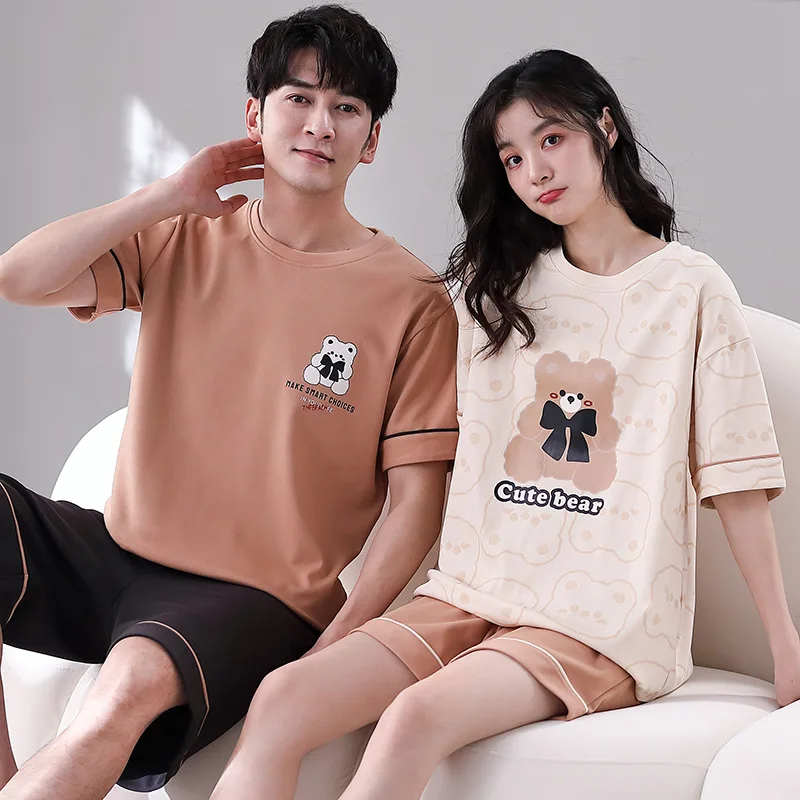 High Quality 100% Cotton Korean Fashion Pajamas Set for Couple Summer Shorts Sleepwear Men and Women Matching Nightwear Dropship