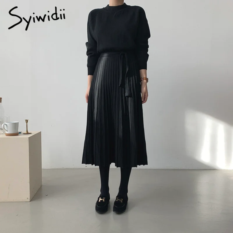 Syiwidii Women's Dress Office Spring Autumn 2022 New Knitted A Line Elegant Dresses with Sashes Casual Midi Long Pleated Dress 4