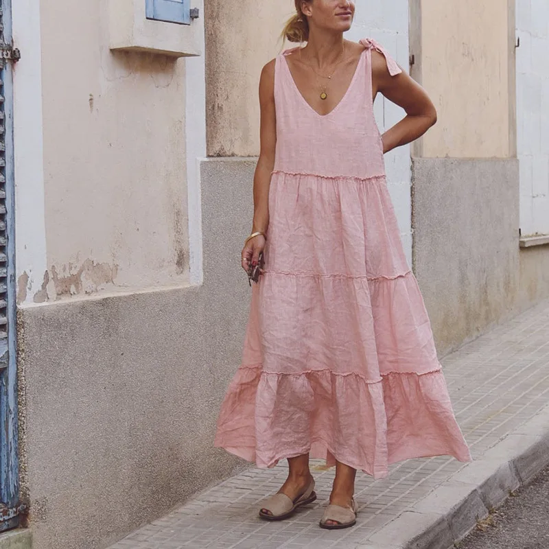 

AYUALIN Vintage V Neck Oversize Loose Long Dress Summer Casual Linen Cotton Sleeveless Dresses for Women Boho Beach Vestidos