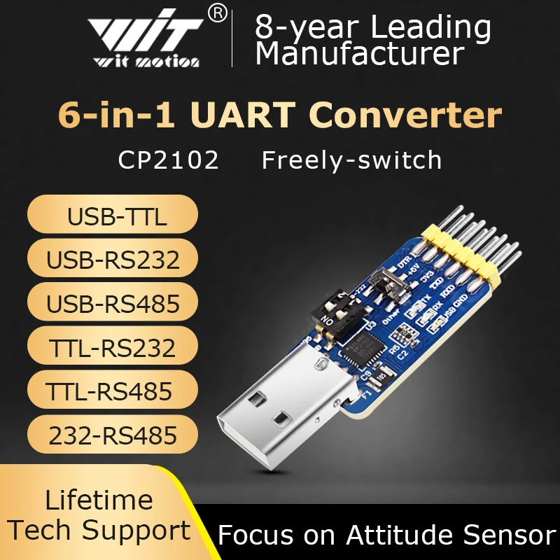 WitMotion USB-UART 6-In-1 Converter, Multifunctional USB-TTL/RS485/232, TTL-RS232/485,232-485)Serial Adapter, CH340/ CP2102 Chip