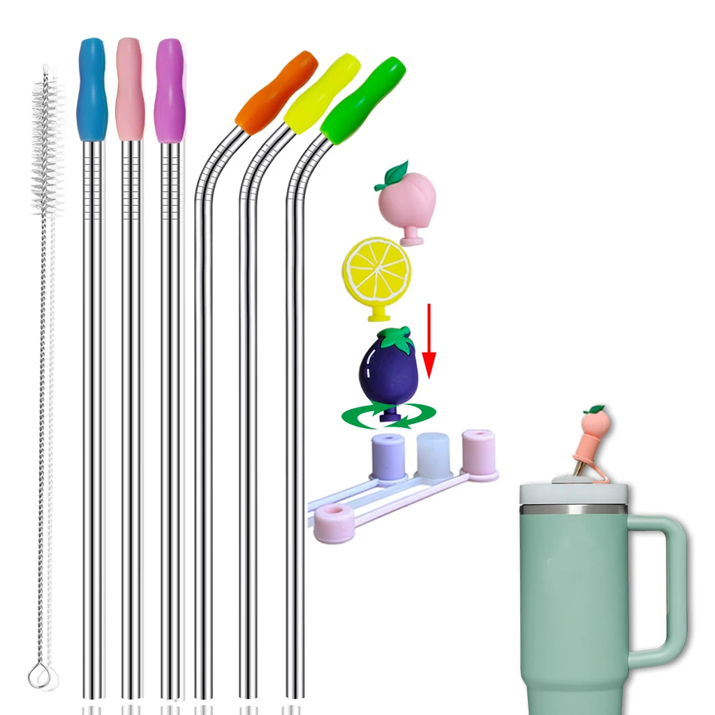 Stainless Steel Replacement Straws with Straw Covers Cap for Stanley Adventure Travel Tumbler 40oz, Reusable Long Drink Straws