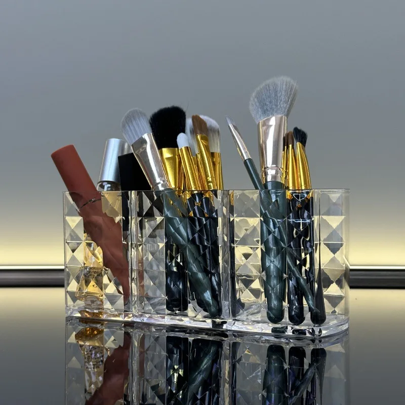 Drill pattern three compartments makeup brush organizer acrylic transparent pencil holder desktop eyebrow pencil lipstick storag 2