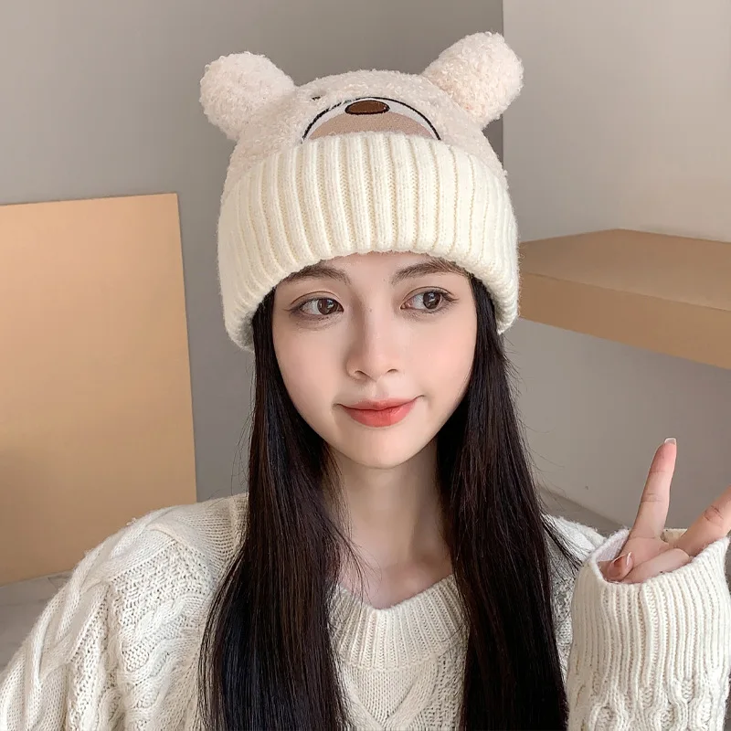 

2022 Korean Knit Caps for Men Autumn and Winter New Cute Bear Ears Beanies Hat Thickened Warm Keeping Plush Women's Hats